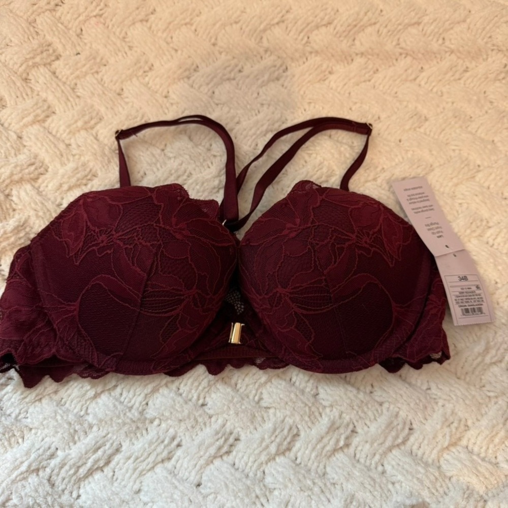 Auden Lace Push-Up Front Close Plunge Bra Berry Red 34B Racerback